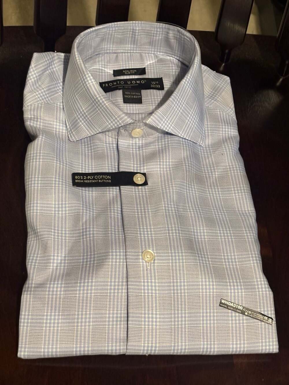 Pronto Uomo Men's Blue Plaid Dress Shirt, Size 15 1/2 (32/33)